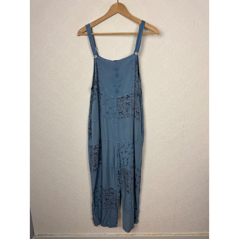 Papillon Blue Patchwork Boho Jumpsuit Floral Embroidered Artsy Overalls Medium - Picture 2 of 9